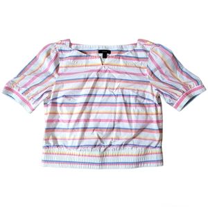 J. Crew Cropped Cinched Waist Sorbet Striped Top Puff Sleeve Size 8